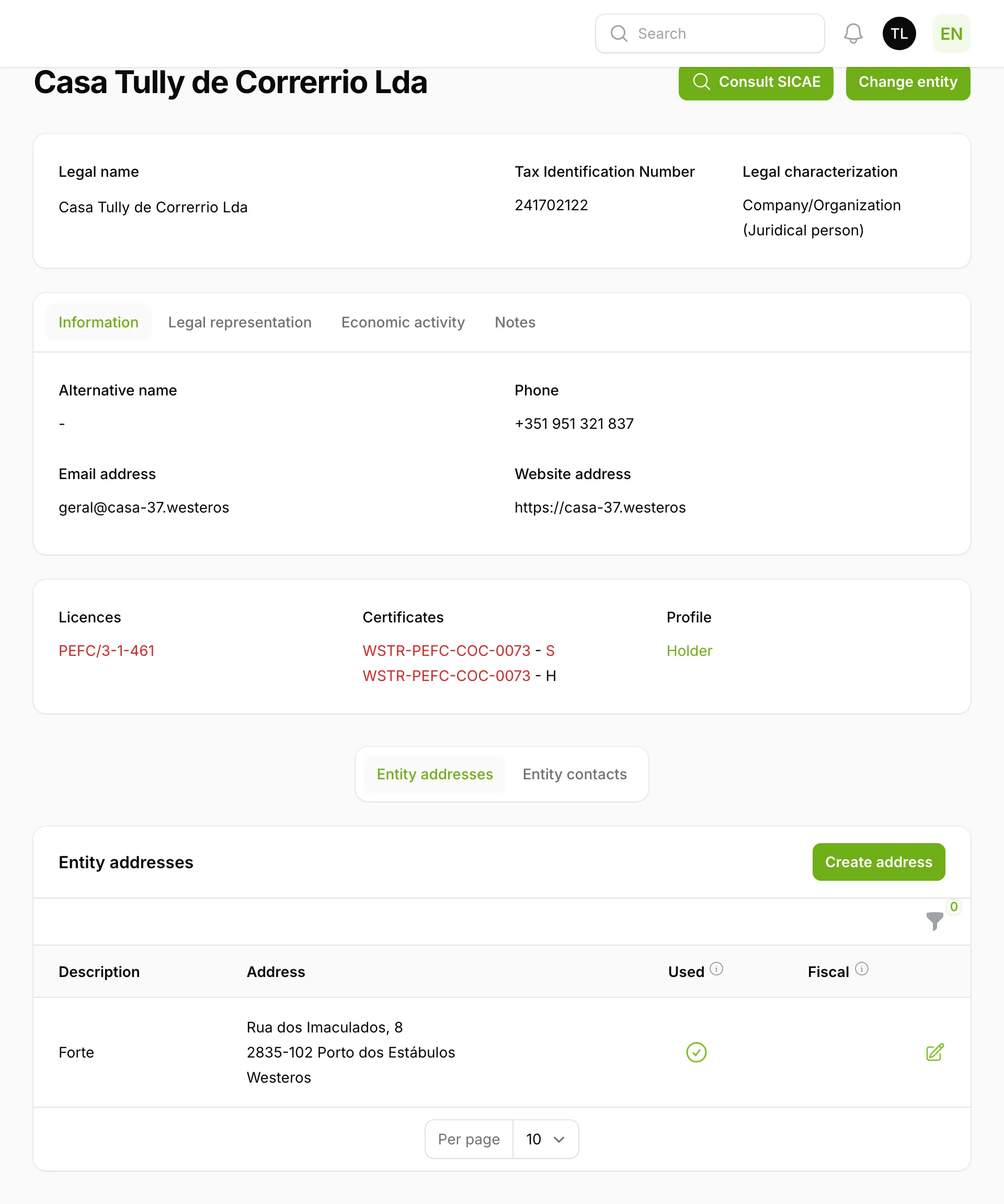 Entity detail view: legal name, tax number, contacts, and the associated licences, certificates and role.